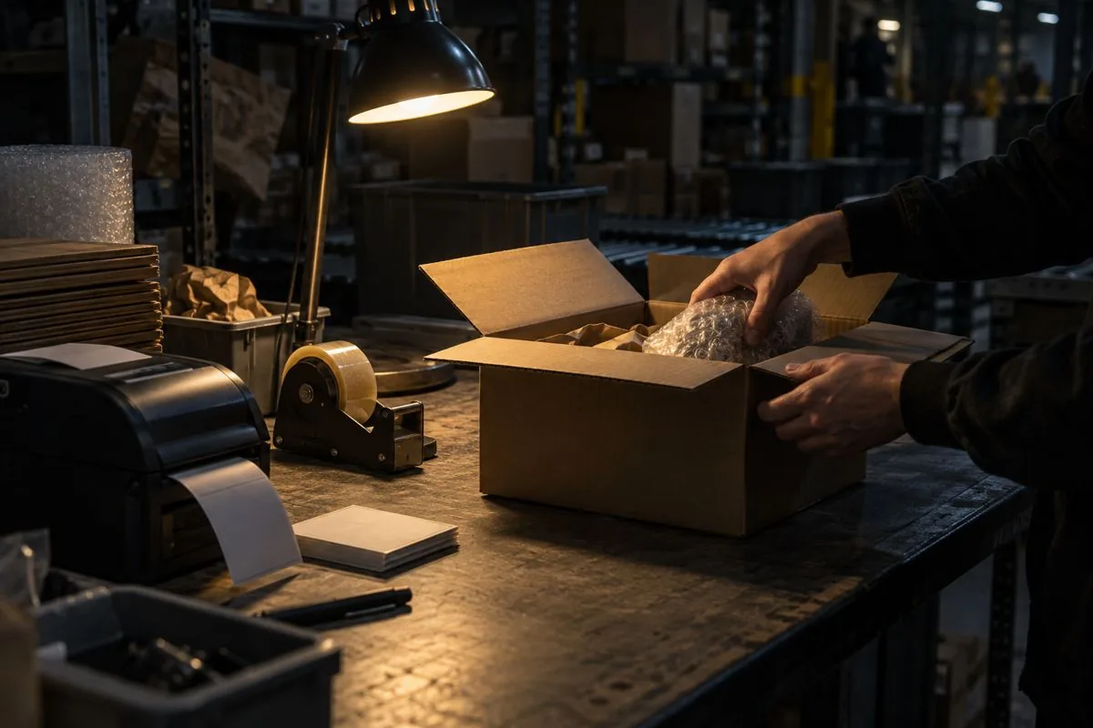 Eine Bestellung wird neben dem Etikettendrucker verpackt