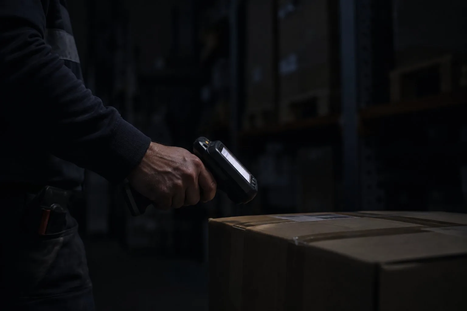 Ein Handscanner über einem Karton im Dunkeln, sein Display leuchtet schwach