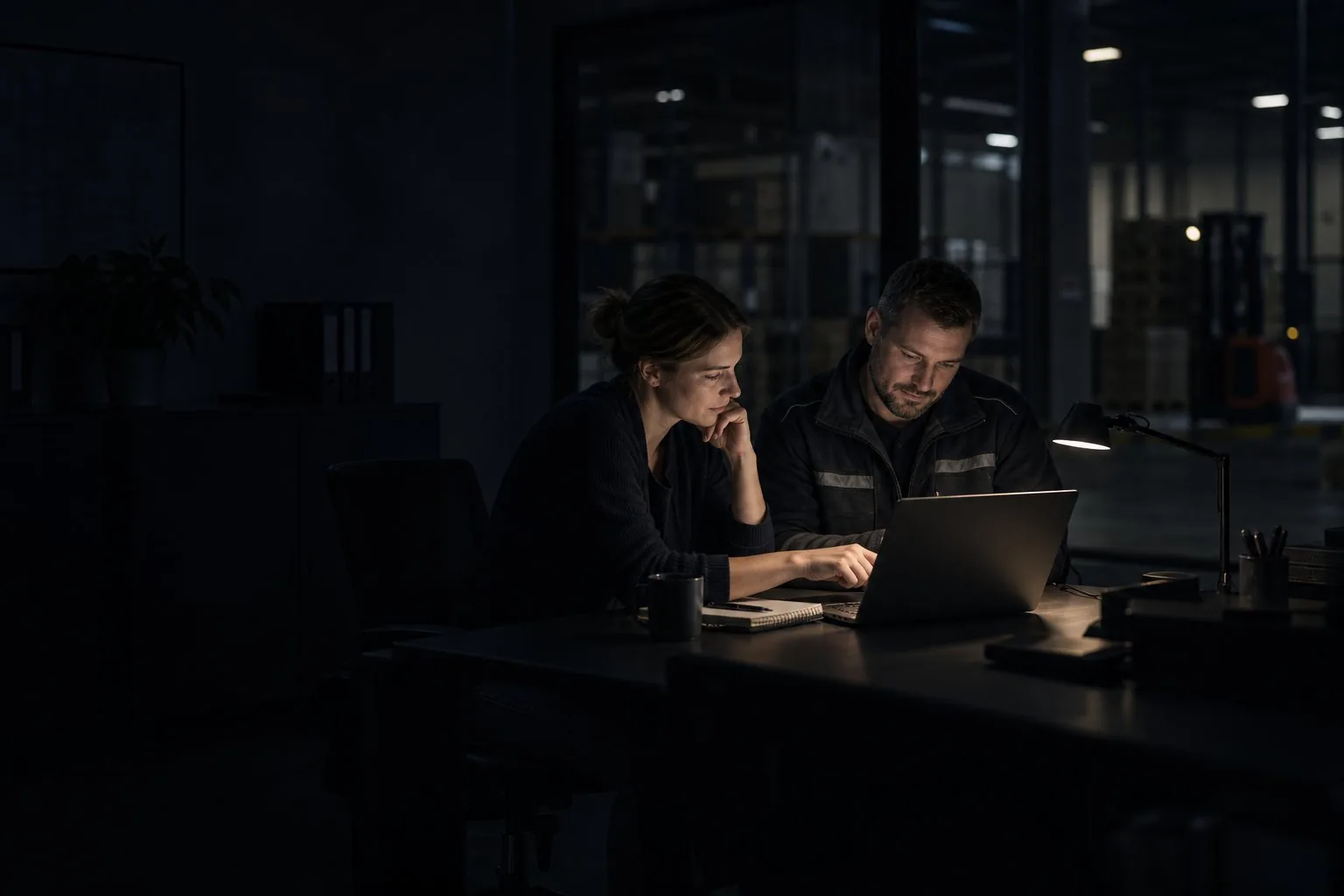 Zwei Kollegen prüfen am Abend das laufende Setup am Laptop