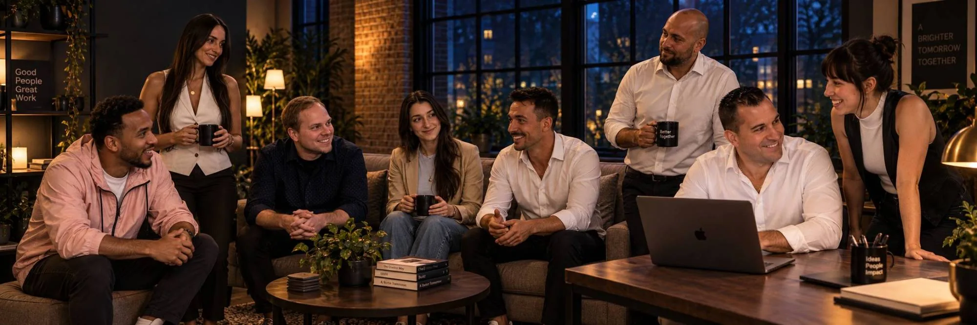 Das bdg-Team im Gespräch in der Büro-Lounge am Abend