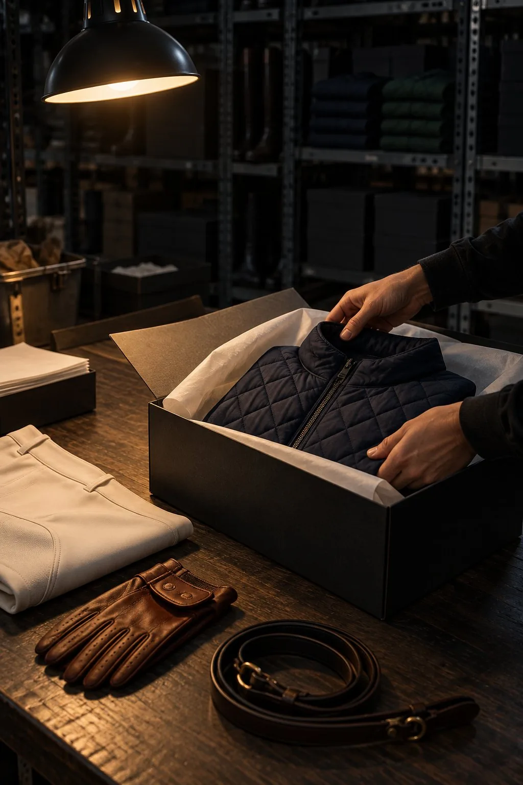 Eine Reitjacke wird für den Versand verpackt