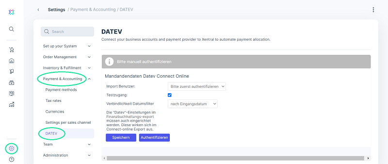Xentral_DATEV_Einstellungen Payment & Accounting
