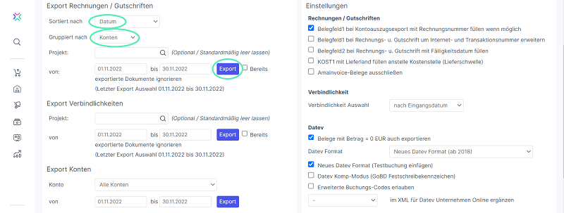 Datev Export Einstellungen in Xentral vornehmen