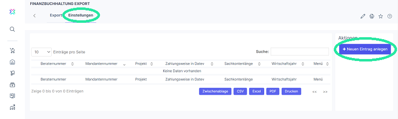 Xentral Datev neuer Eintrag erstellen