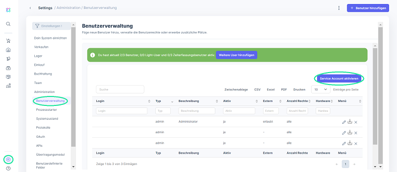 Xentral Support Service-Account aktivieren