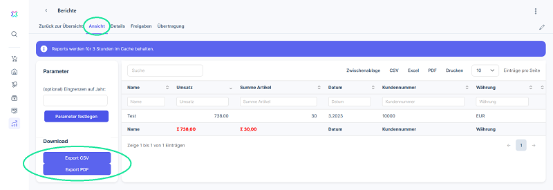 Xentral Berichte Tabelle exportieren