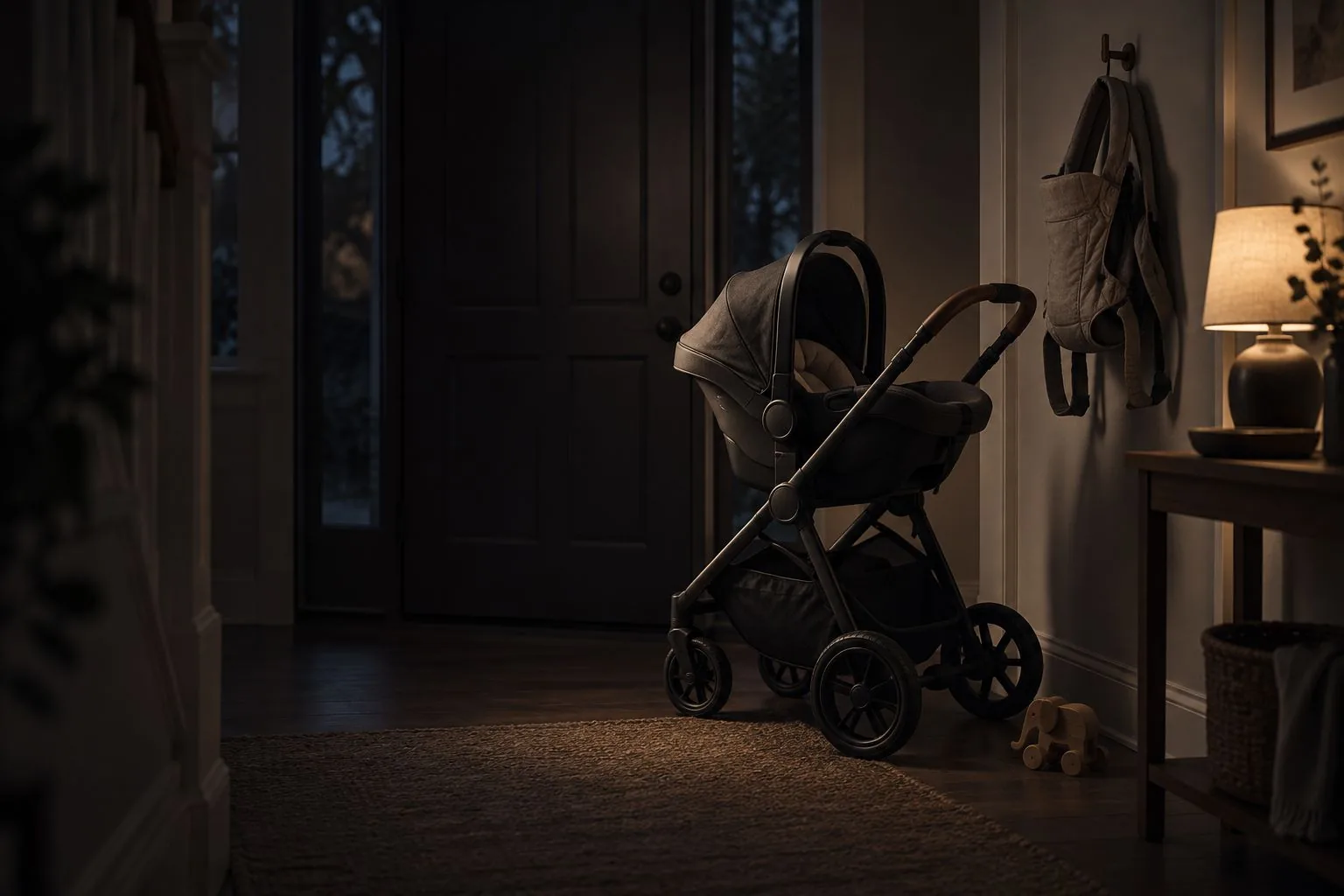 Ein Kinderwagen und eine Babytrage im Flur in der Dämmerung