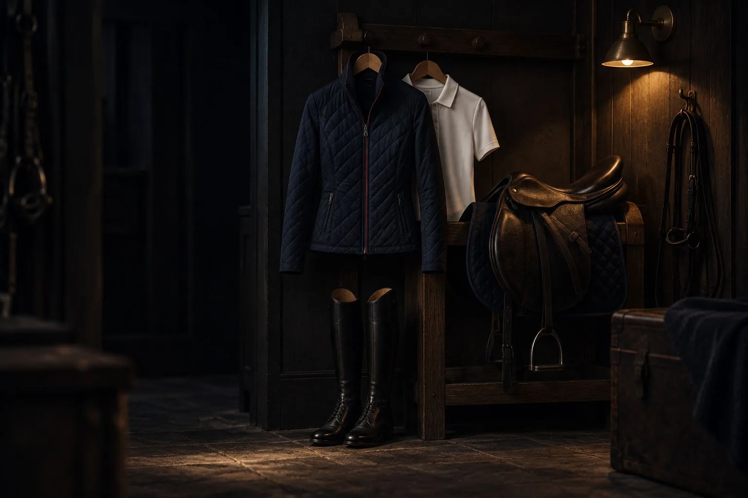 Reitjacke, Reitstiefel und Sattel in einer dunklen Sattelkammer