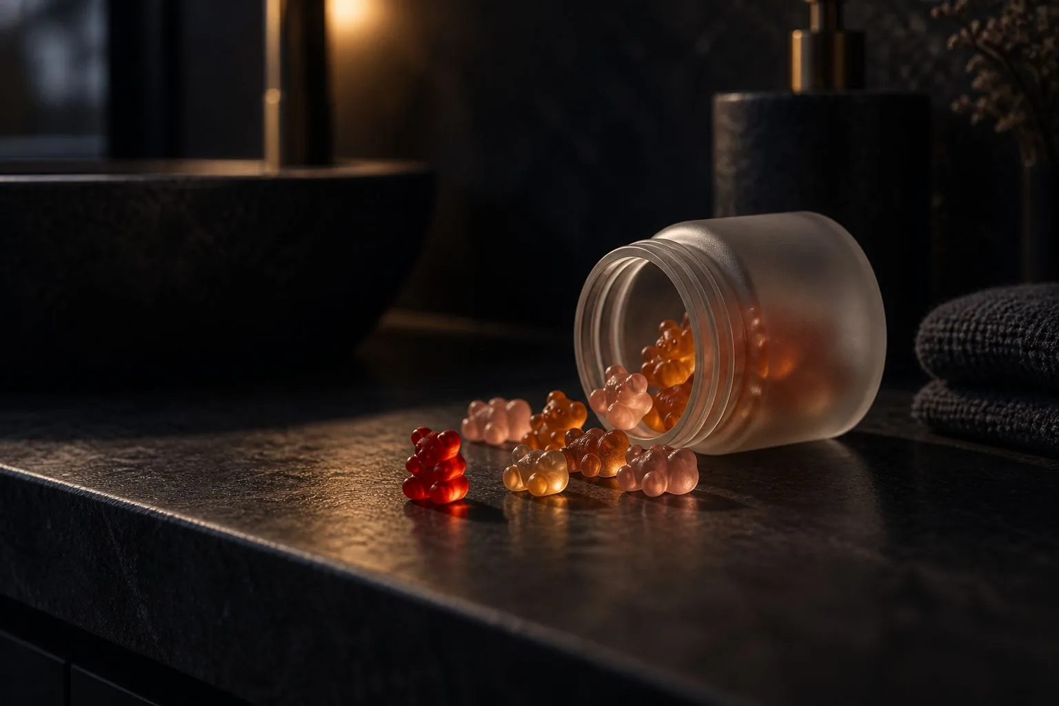 Gummibärchen aus einem Milchglas auf einer Steinablage