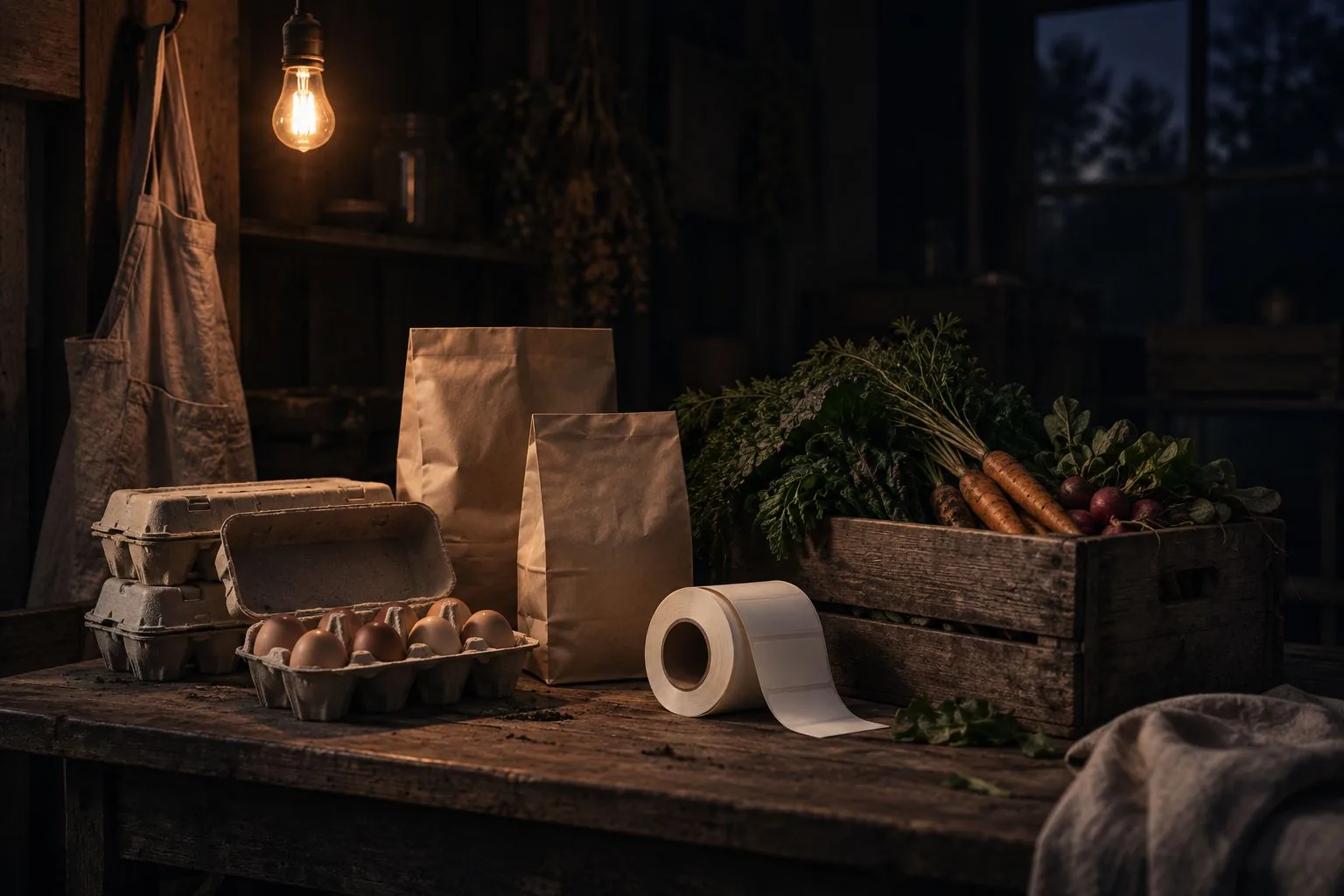 Eierkartons, Papiertüten und Etiketten in einem Packraum auf dem Hof