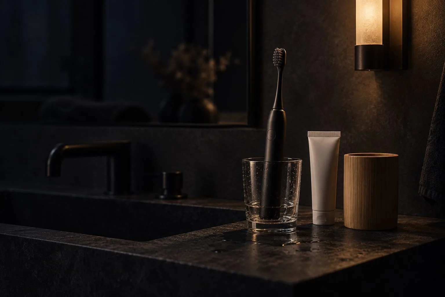 Eine schwarze elektrische Zahnbürste im Glas auf einem dunklen Steinwaschtisch