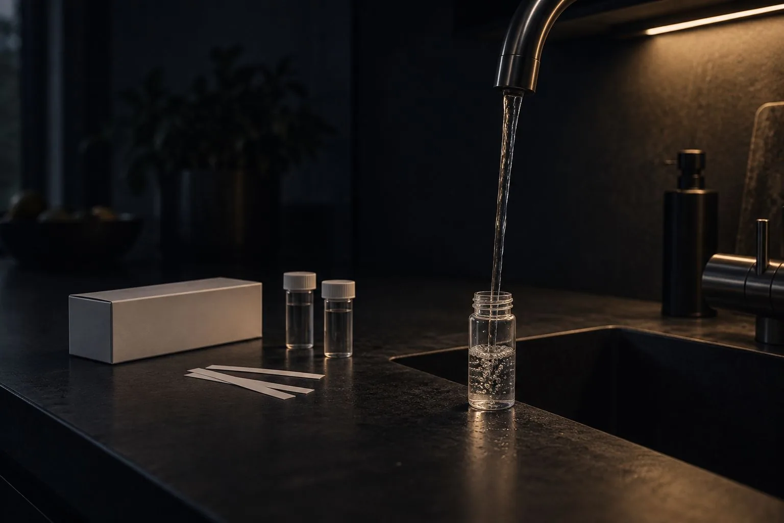 Ein Probenröhrchen unter dem Wasserhahn neben einem Testset