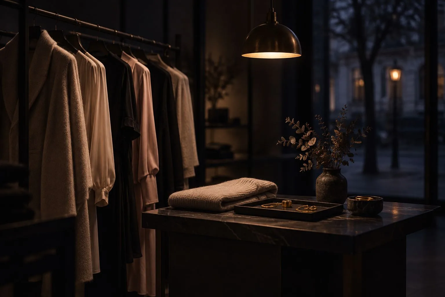 Kleiderstange und Schmuckablage in einer Boutique in der Dämmerung