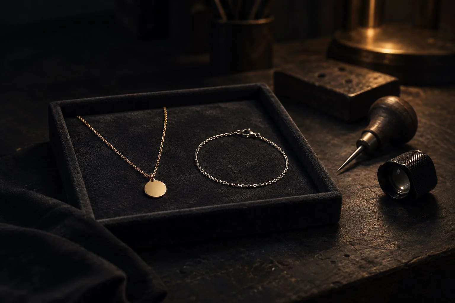 Eine Goldkette und ein Silberarmband auf Samt neben einem Gravierwerkzeug