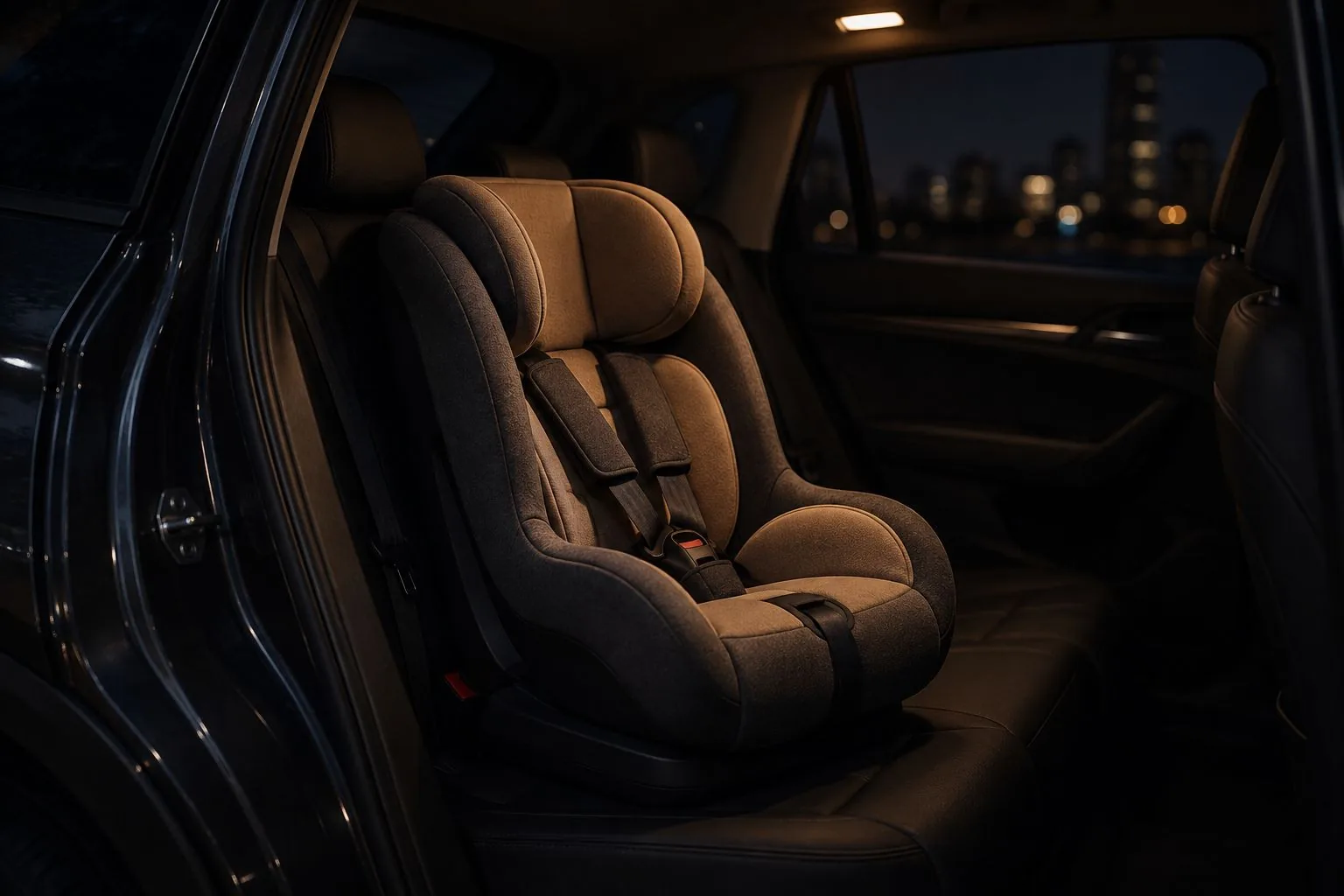 Ein Kindersitz auf der Rückbank eines Autos in der Dämmerung