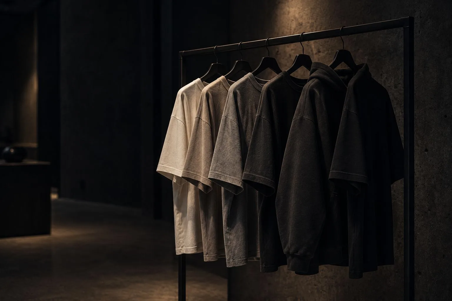 T-Shirts und ein Hoodie an einer Stahlstange in einem Betonstore