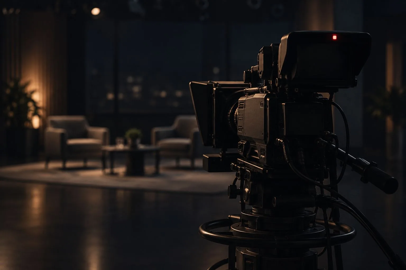 Eine Studiokamera mit roter Tally-Leuchte in einem dunklen Fernsehstudio