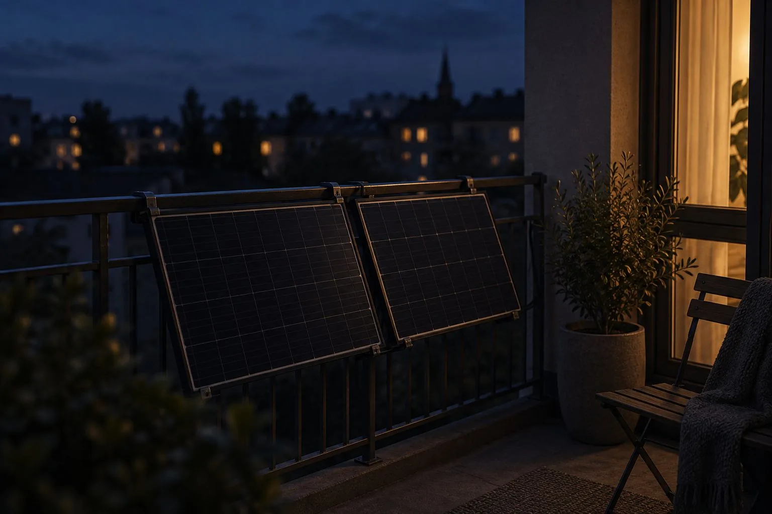 Zwei Solarmodule am Balkongeländer zur blauen Stunde