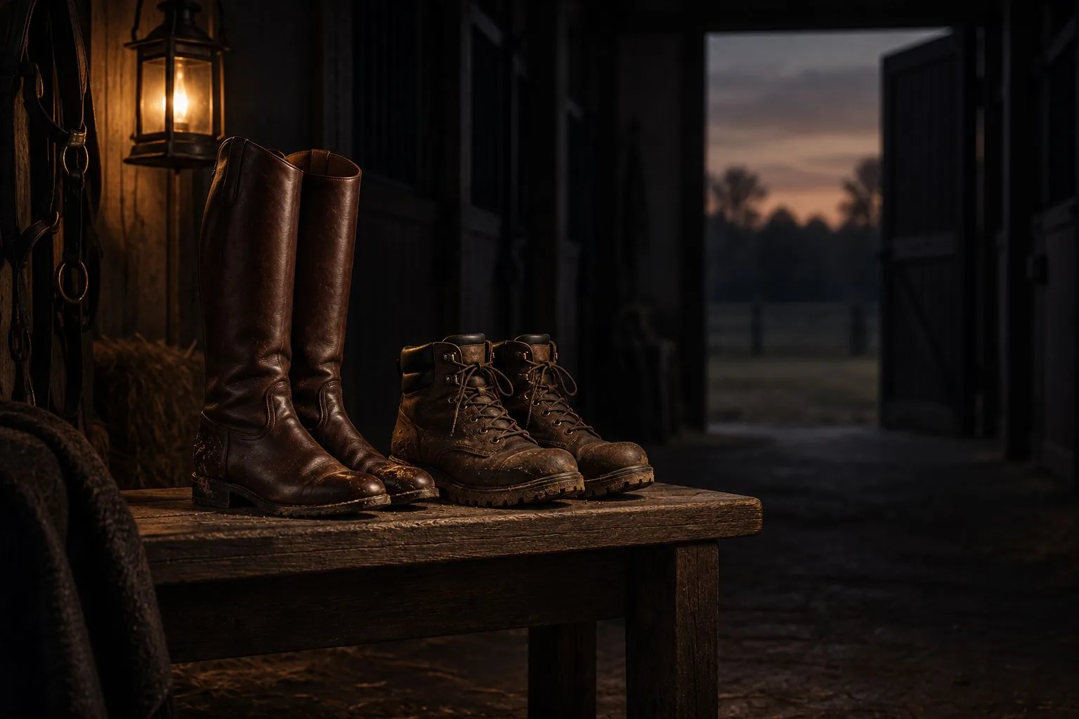 Reitstiefel und Outdoor-Schuhe auf einer Bank im Stall
